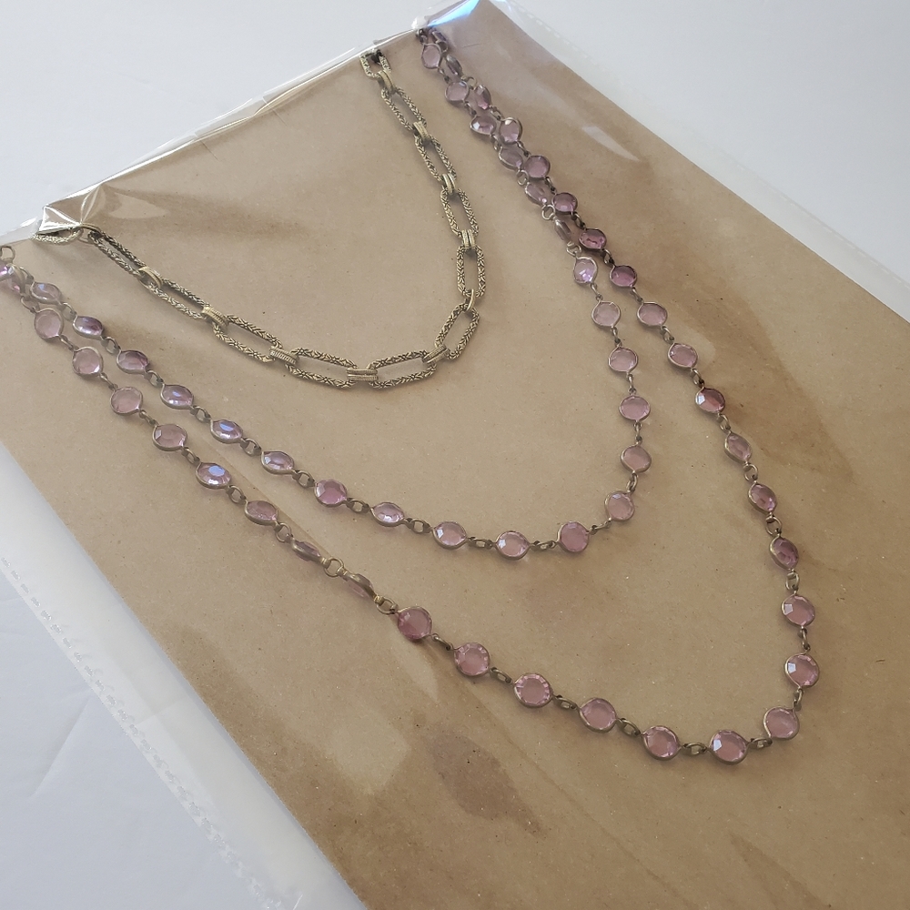 Necklace Bundle of 3 Faux Amethyst Long Rectangle Textured Gold Chain Choker